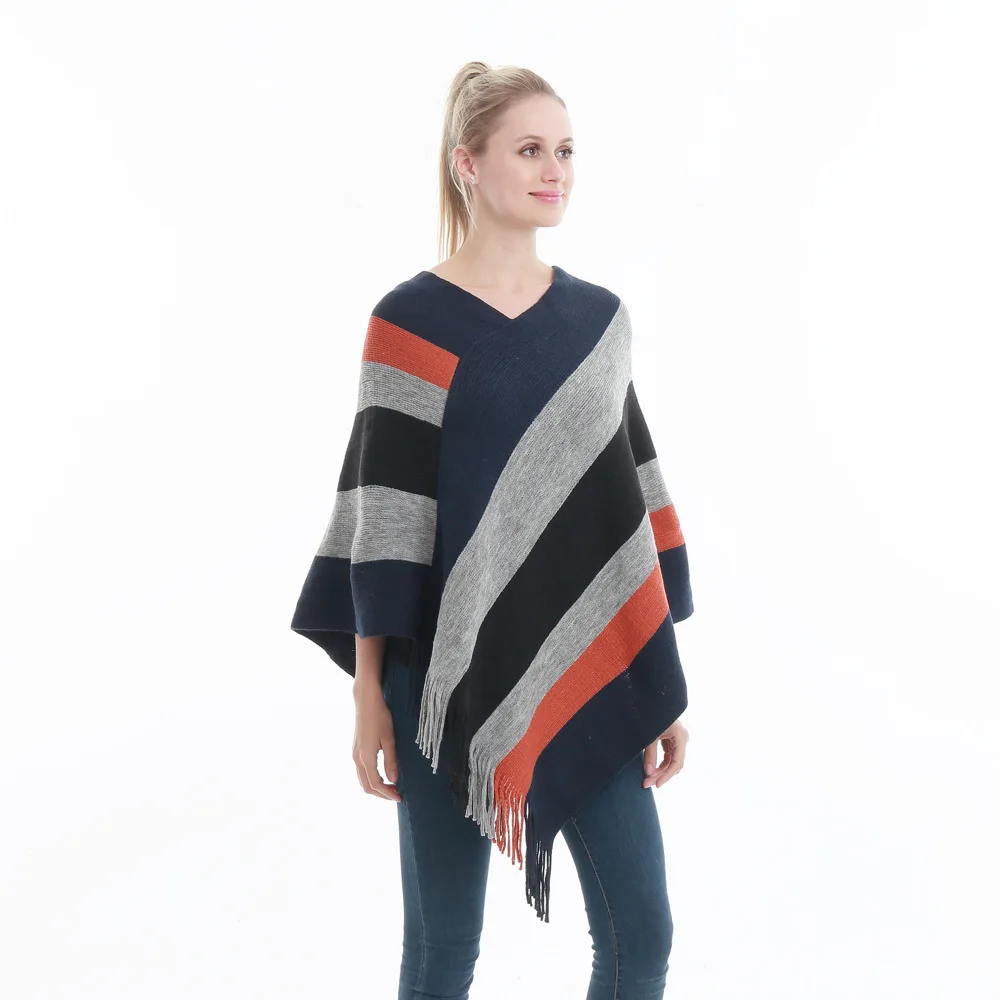 Autumn Fashionable Knitted Stripe Print Loose Pullover Irregular Tassels Cloak Tops T Shirts For Women