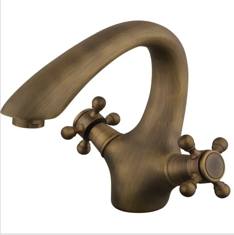 Kangrun Retro Brass Dual Handles Hot Cold Mixer Water Single Hole Bathroom Basin Sink Faucet Tap
