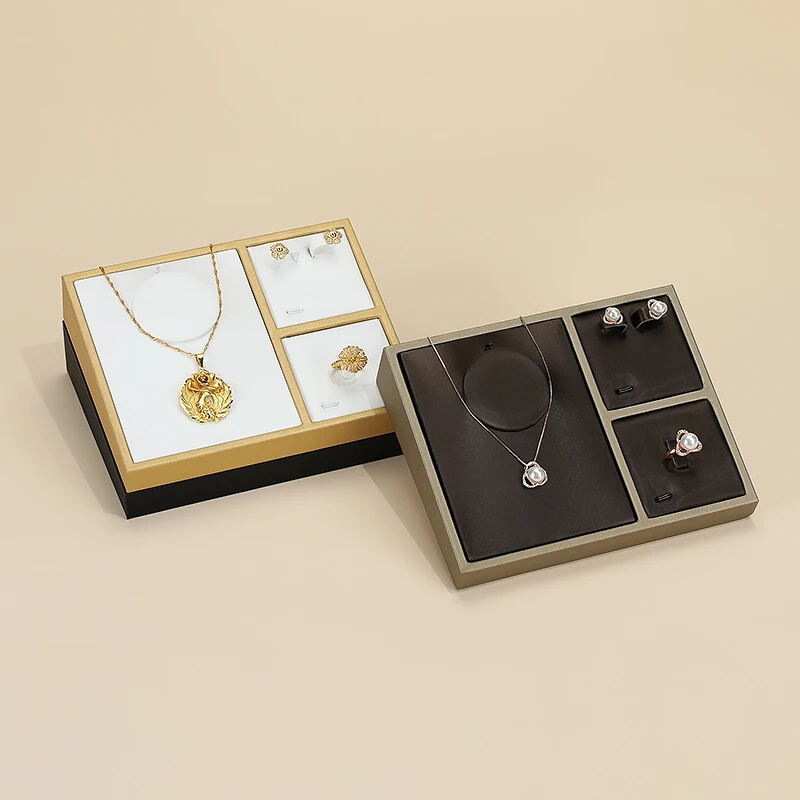 Jinsky wholesale pu leather jewelry set tray ring earring necklace set jewelry display tray in white black brown color