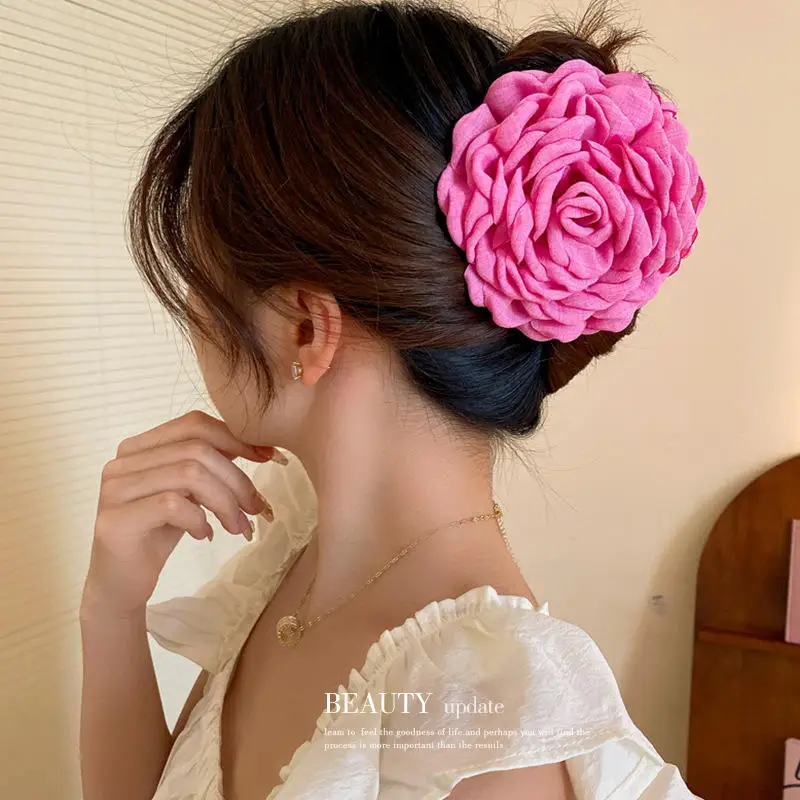 French Romantic Large Rose Flowers Grab Clip Temperament Hairpin Shark Clip Hairpin Sweet And Gentle Hair Accessories