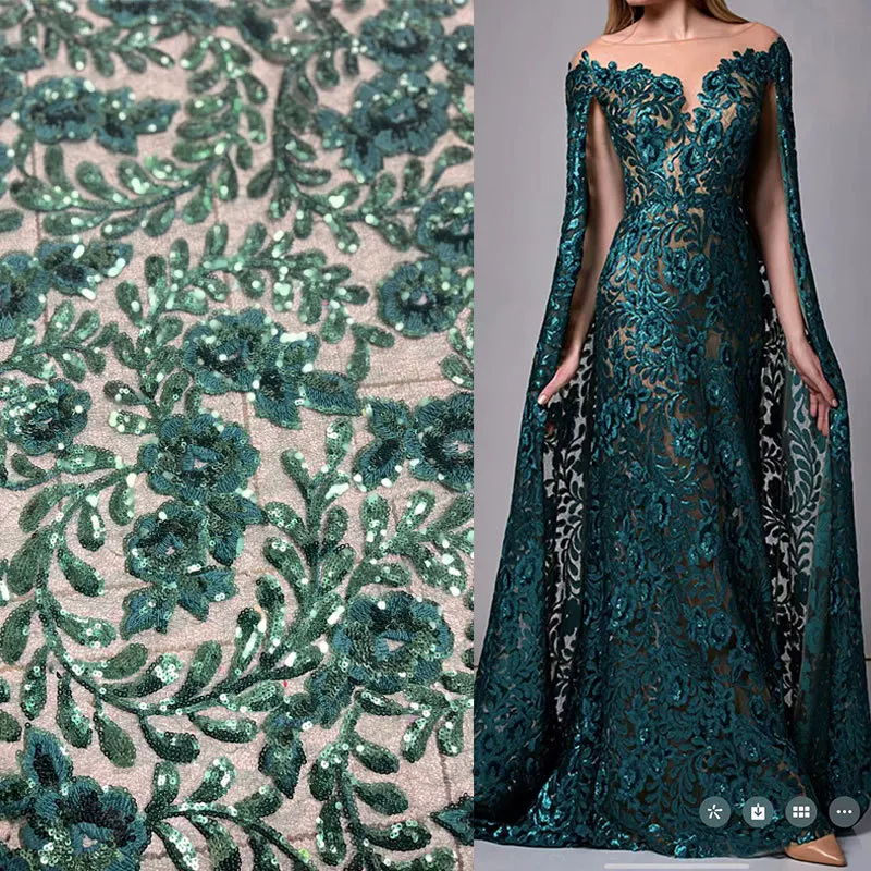 Popular Style Dark Green Color Sequins Embroidery United Arab Emirates Wedding Dresses Lace embroidery for women dress