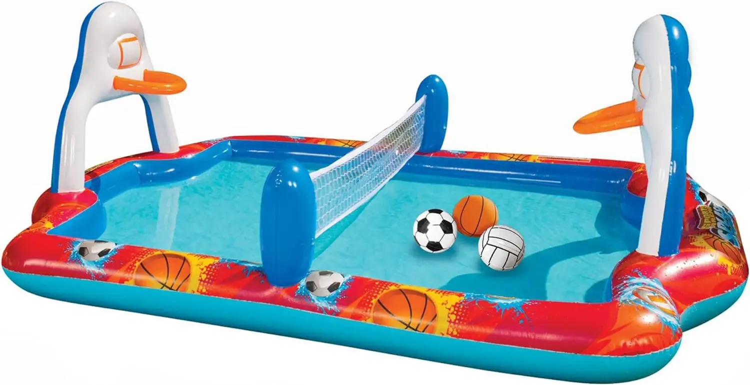 Outdoor Inflatable Sports Arena 4 in 1 Play Center Water Park Pool with Soccer Volleyball Basketball Sports Pool Ball Ages 3+