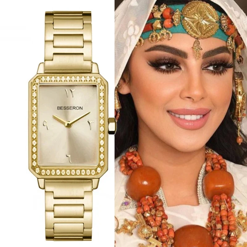 Arabic Dial Watch Springs Catalog Custom Luxury Square Case Japan 2025 Quartz Watches With Gold Milanese Band Montres En Diamant