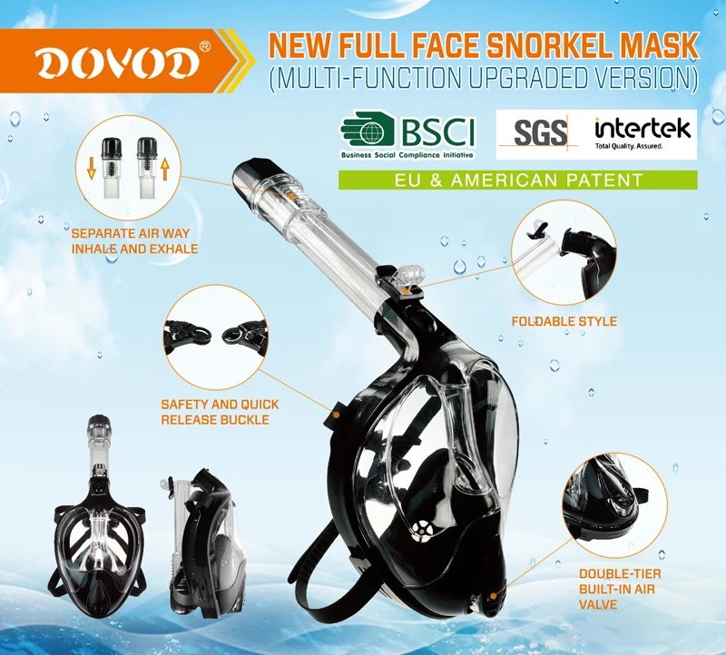 DOVOD popular new selected 180 degree panoramic view free breathing foldable full face snorkeling for kids&adults