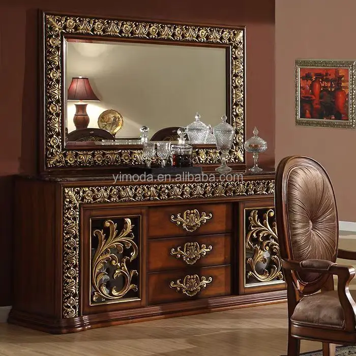 Antique European Style Rococo  Dining Table And 6 8 flower dining Chairs luxury Solid Wooden brown dining room Rectangular Table
