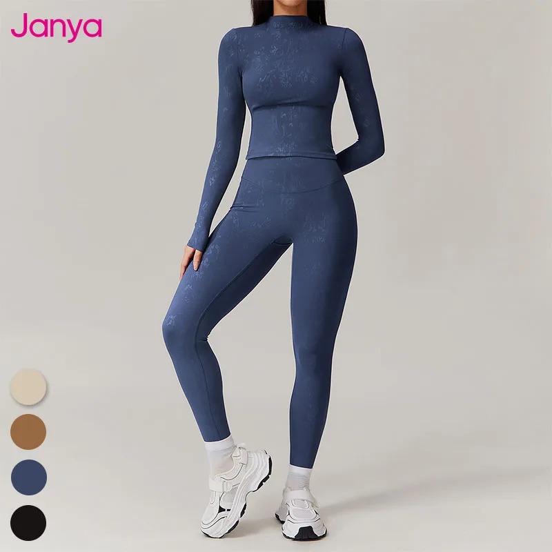 Janya Female Custom Logo Outdoor Sports Fitness Outfits High Neck Skinny Running Shirt + No Front Seam Active Yoga Leggings Set