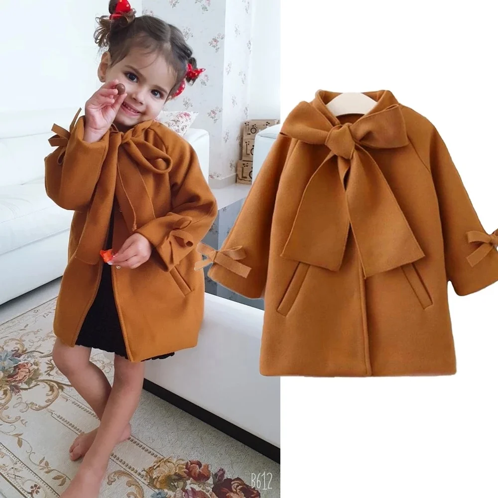 Toddler Baby Girls Woolen Overcoat Kids Bowknot Coat Outerwear Winter Warm Snowsuit Cute Clothes