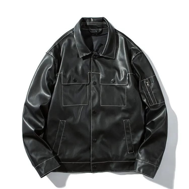 Streetwear fashion long sleeve jacket custom embroidered logo faux leather jackets mens pu leather jackets coats