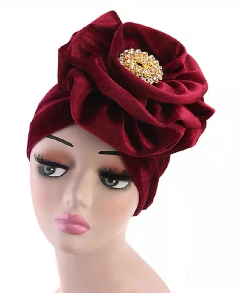 New Multicolor Muslim Women Gold Alloy Diamond Big Flower Velvet Turban Hat Muslim Hijab Indian Hat