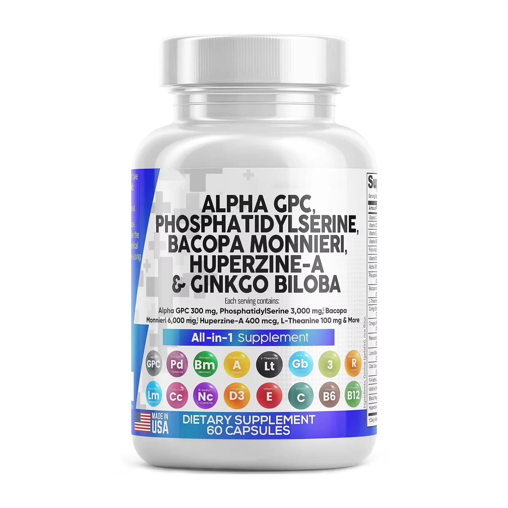 Alpha GPC Choline Capsules Phosphatidylserine Bacopa Monnieri Ginkgo Biloba Phosphatidylserine Enhanced Brain Function Adults
