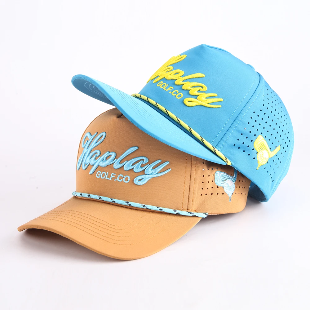 Fashion Custom 3D embroidery logo 5 Panel Waterproof Polyester Sport Golf Hat,Laser Cut Perforated Dad Gorras,Rope Baseball Cap