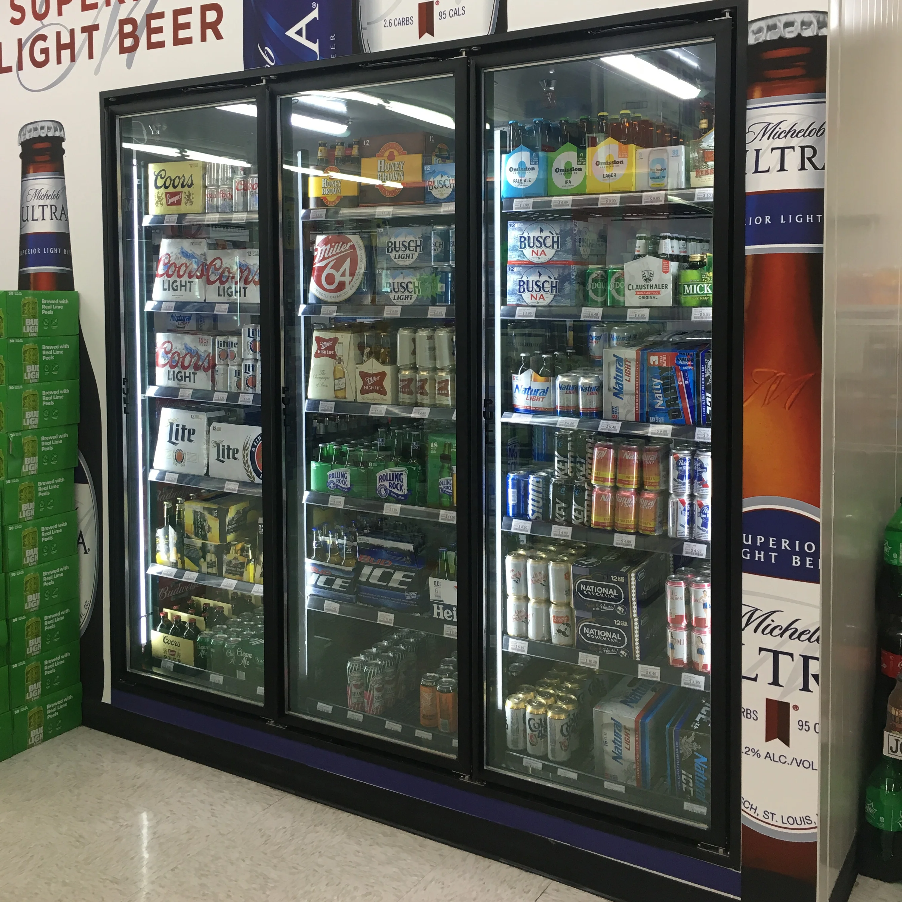 Walk in cooler glass door with shelving and T8 LED light for supermarket frozen food display