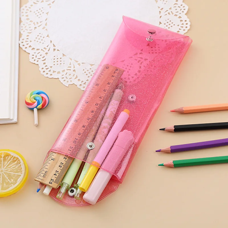 Creative laser colors transparent pvc pen bag portable foldable pencil case with snap button for stationery storage
