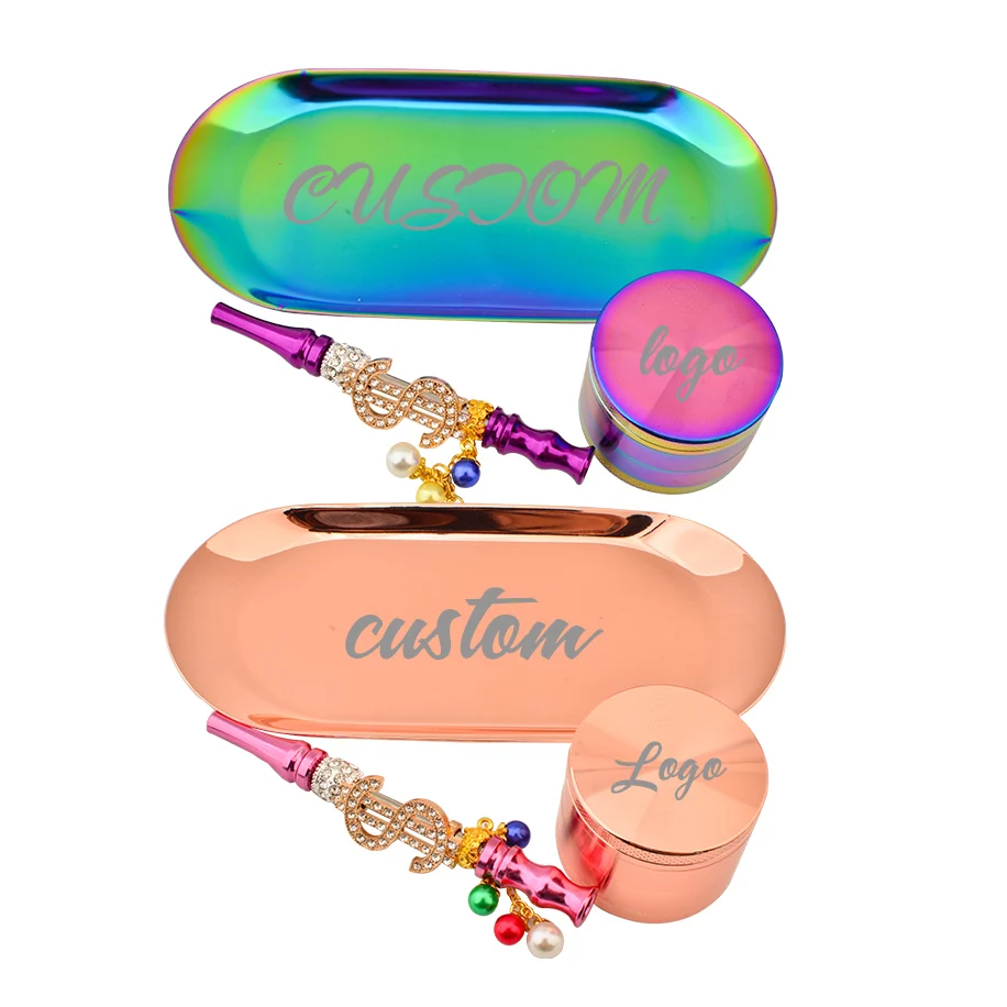 Hot DIY smoking set metal grinder rainbow roll tray bling