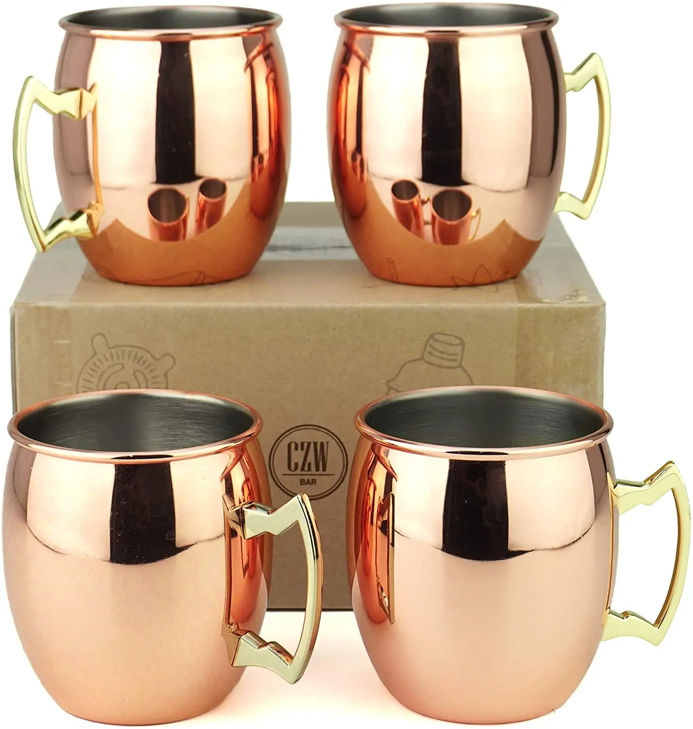 Moscow Mule Mugs  Large Size 19 ounces Set of 4 Hammered Cups Stainless Steel Lining Pure Copper Plating Gold Brass Handles