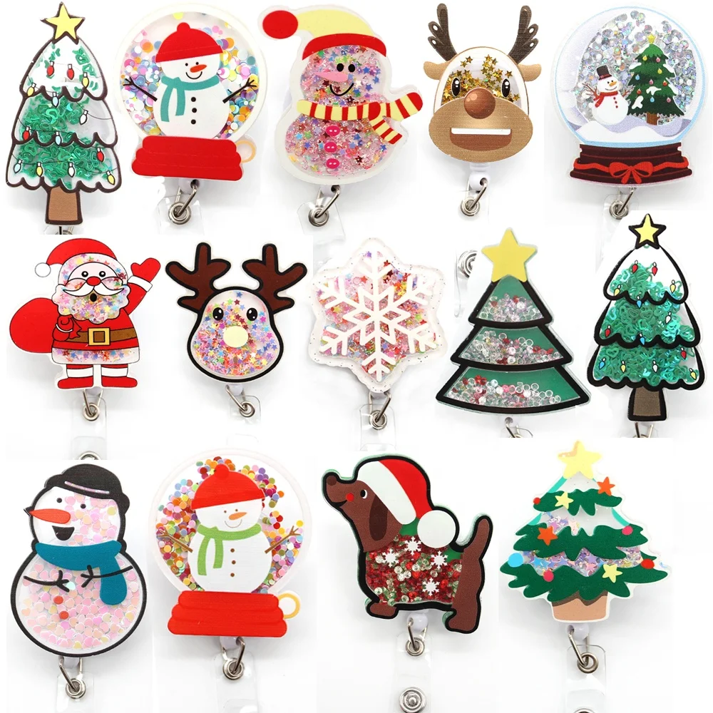 Wholesale Festival Decoration Christmas Tree Snowmen Deer Badge Holder Office Accessories Xmas Shaker Badge Reel