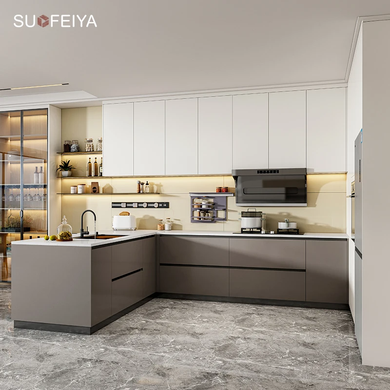Suofeiya Luxury Modern Kitchen Storage Cabinet Solid Wood PVC Door Finish Countertop Glass American Kitchen Cabinets