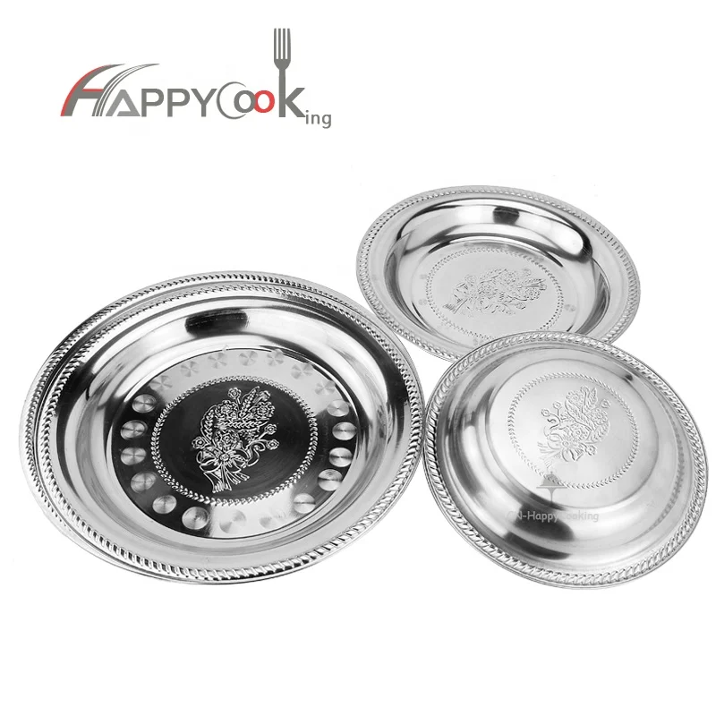 high quality and China dishes wholesale round serving tray stainless steel plate set