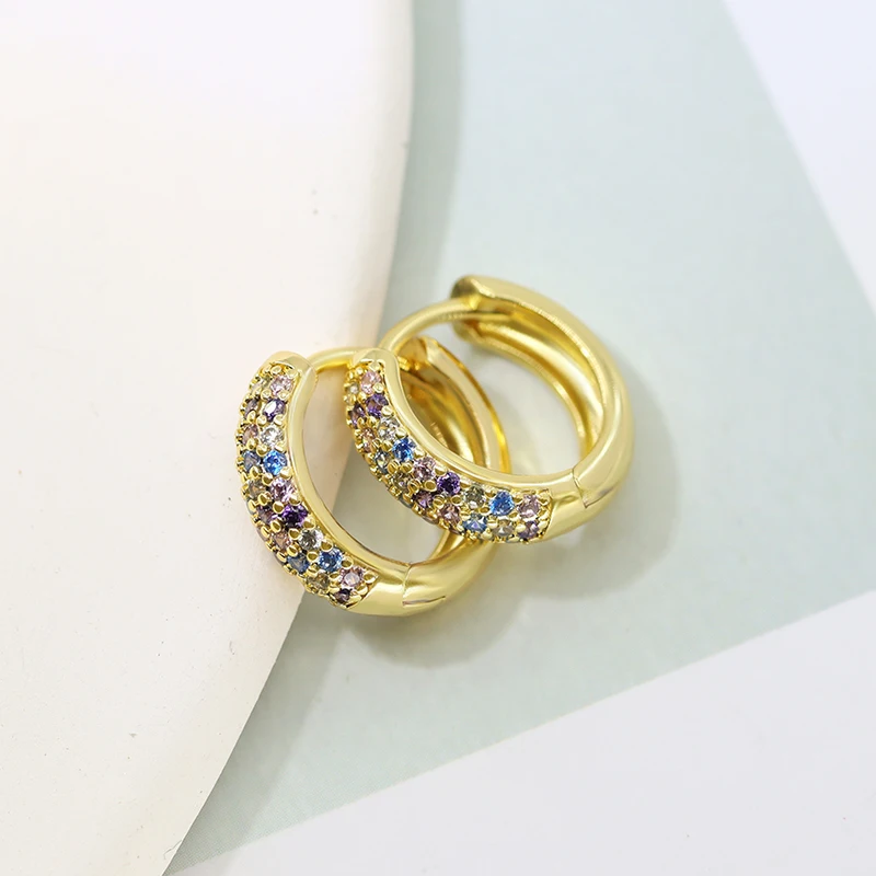 Wholesale Fashion Brass Jewelry Real Gold Plated Colored Gemstone Cubic Zirconia Hoop Huggie Earrings For Women