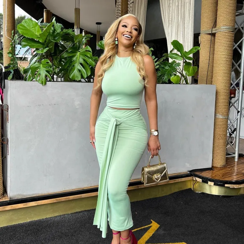 Liu Ming Cheap Fashion 2024 Elegant Summer Women Sexy Sleeveless Vests Tops High Waist Skirt Two Pieces Suits