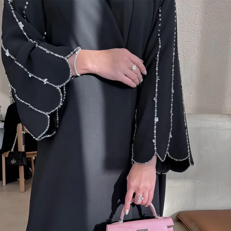 2024 EID Abaya wear high quality bead Modest Dress black long Satin Modest set Open Abaya Islamic Clothing Crew neck