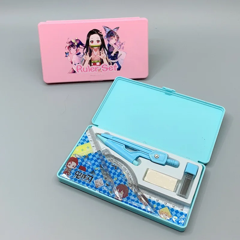 
Cartoon Student Drawing Stationery Set Box Compasses Ruler Eraser Portable 7-piece Set Factory Direct Sales 