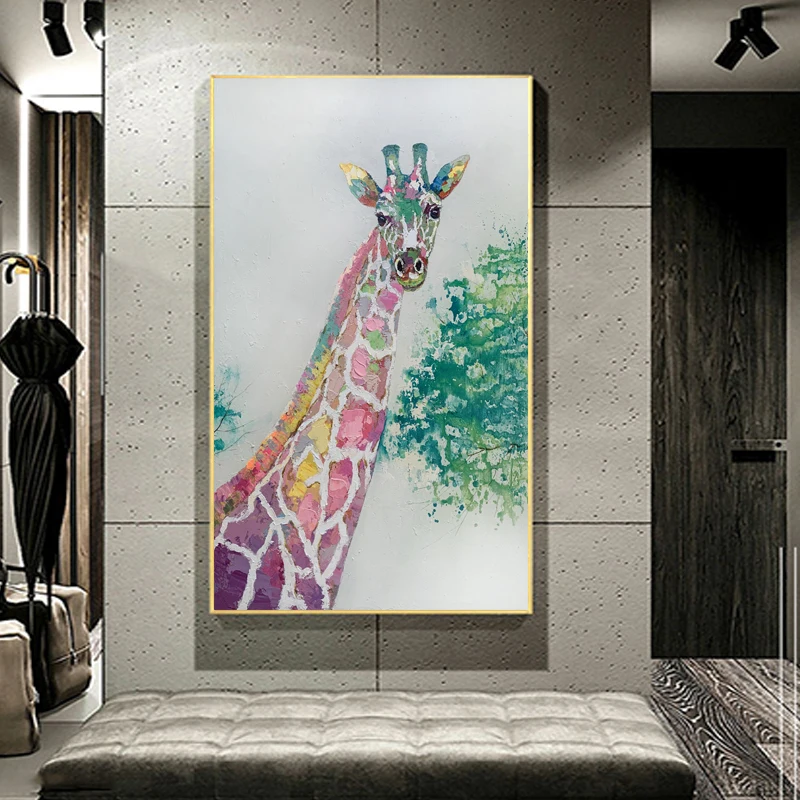 custom Decor Hand Painted Animal lovely Colorful Giraffe Oil Painting By handmade Wall Art Canvas Deer Painting