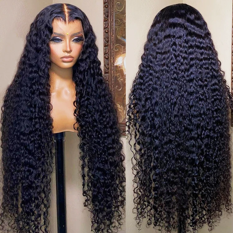 Wholesale 40inch Human Hair Full Lace Curly Wig Brazilian Transparent Lace raw indian water wave deep curly 40 inch curly wig