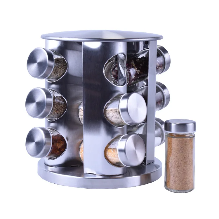 Amazon hot sale stainless steel 12 jars glass seasoning bottle set pepper salt spice shaker for kitchen