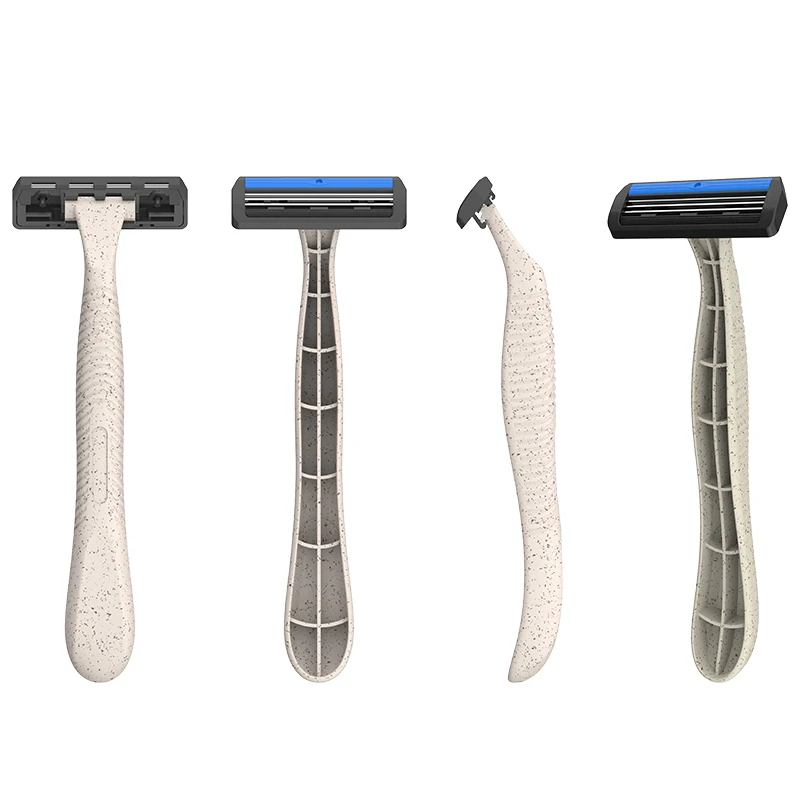 3 stainless steel blades disposable wholesale shaving razor with Eco friendly material wheat traw