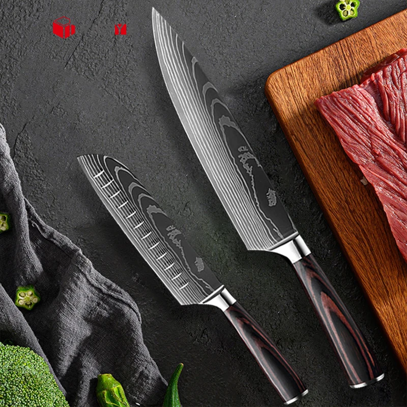 Wholesale price 9pcs sharp wooden stainless steel santoku chef modern knives kitchen knife set with gift box