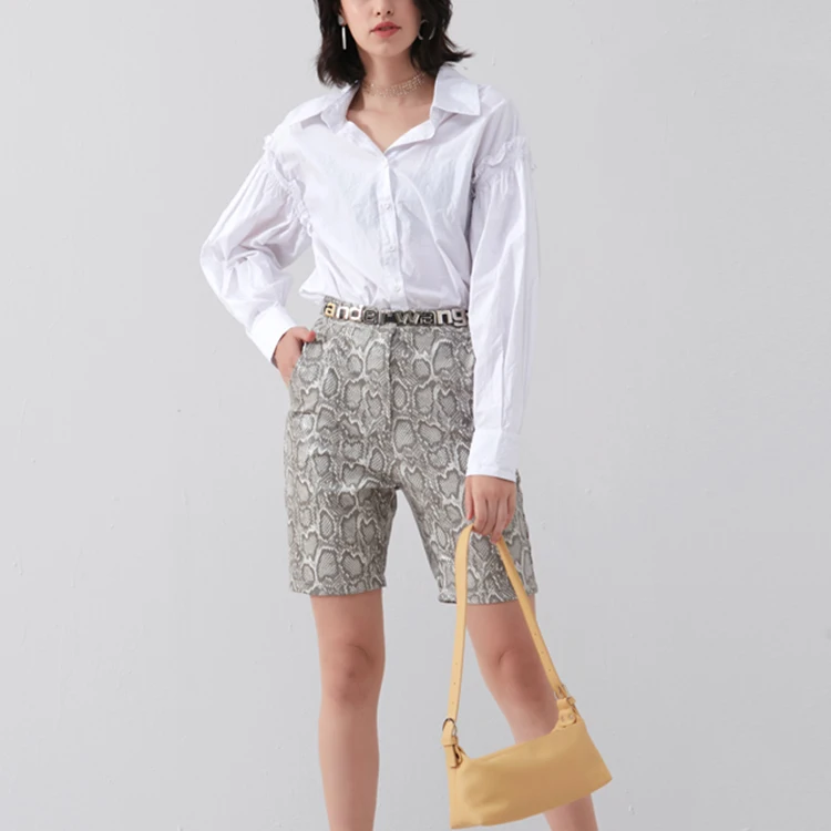 New Fashion Plus Size Women Snake PU Shorts High Waist Zipper Up Leather