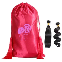 Custom Logo  Wig Bags Hair Bundles Satin Pink Bag Packaging  Drawstring Silk Satin Bag for Wigs