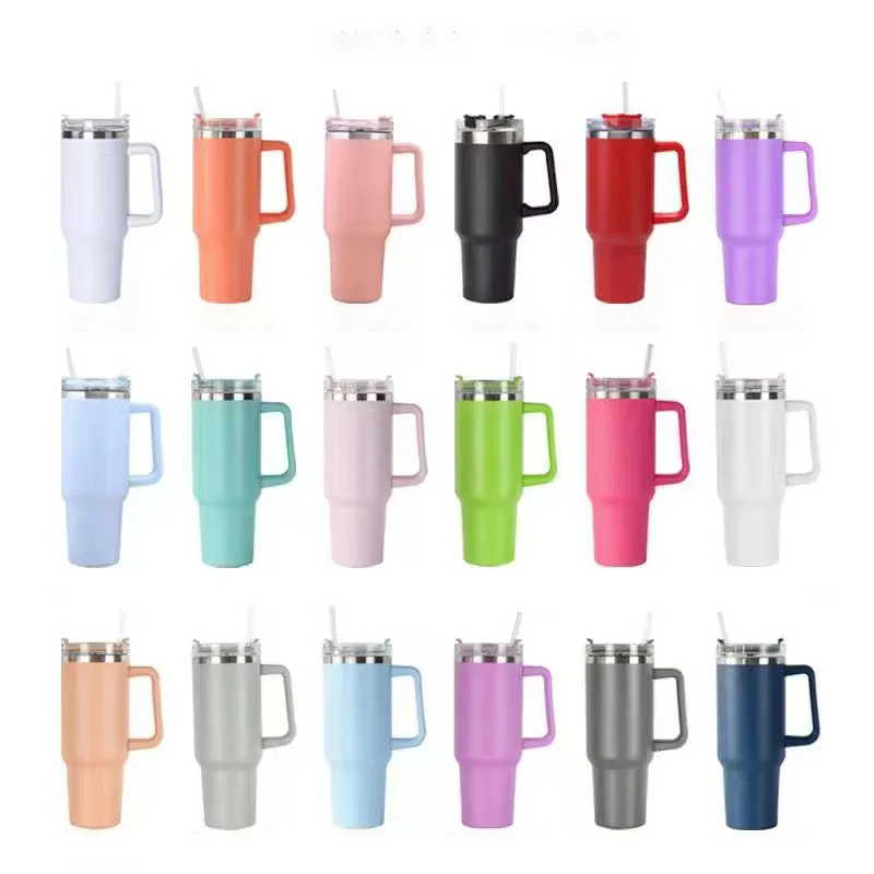 Wholesale Double Wall Stainless Steel 40oz Car Cup Insulated Coffee Travel Powder Coated Mugs Tumbler With Handle And Straw