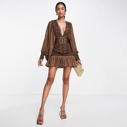 High quality stylish lace mini dress pleated sleeve hem work elegant dresses with satin belt