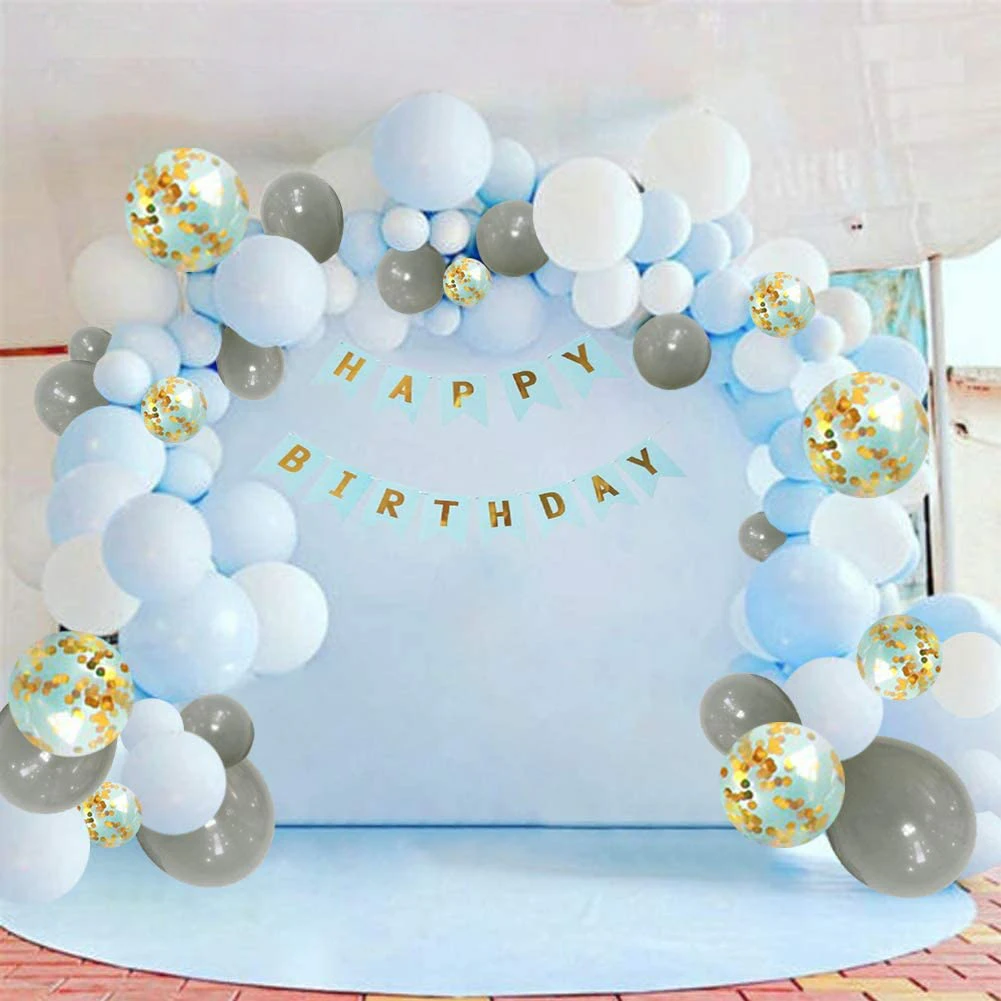 Happy Birthday Blue Gold Confetti Balloon Garland Arch Kit, Happy Birthday Banner With White Grey Latex Party for party