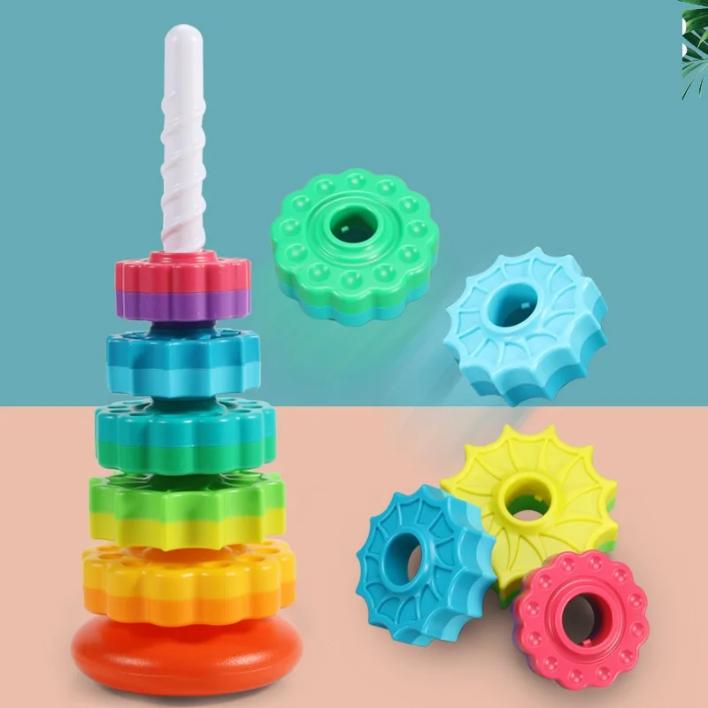 Montessori Educational Sensory Toys Kids Stacking Spinning Rainbow Gears Toy