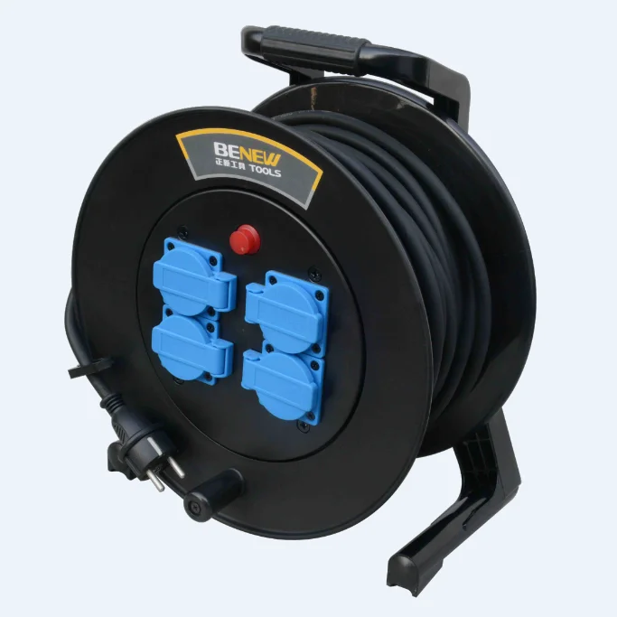 BENEW Factory Directly OEM  ZD5002 4 Socket Portable Cable Drum Reel Plastic 50M Extension Cable Reel Stand