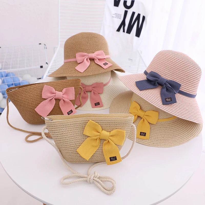 Floppy Straw Wide Brim Bucket Panama Hat Bowknot Kids Straw Bag and Hat Fashion Summer Beach Sun Hat