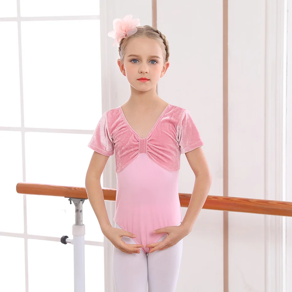 Toddler Gymnastics Dance Outfit Girls Short Sleeve Golden Velvet Ballet Dance Leotards