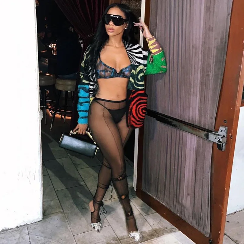 See Through Mesh Sexy Tight Leggings For Womens Nightclub Midnight Party Street Wear Stitching Design Slim Pants