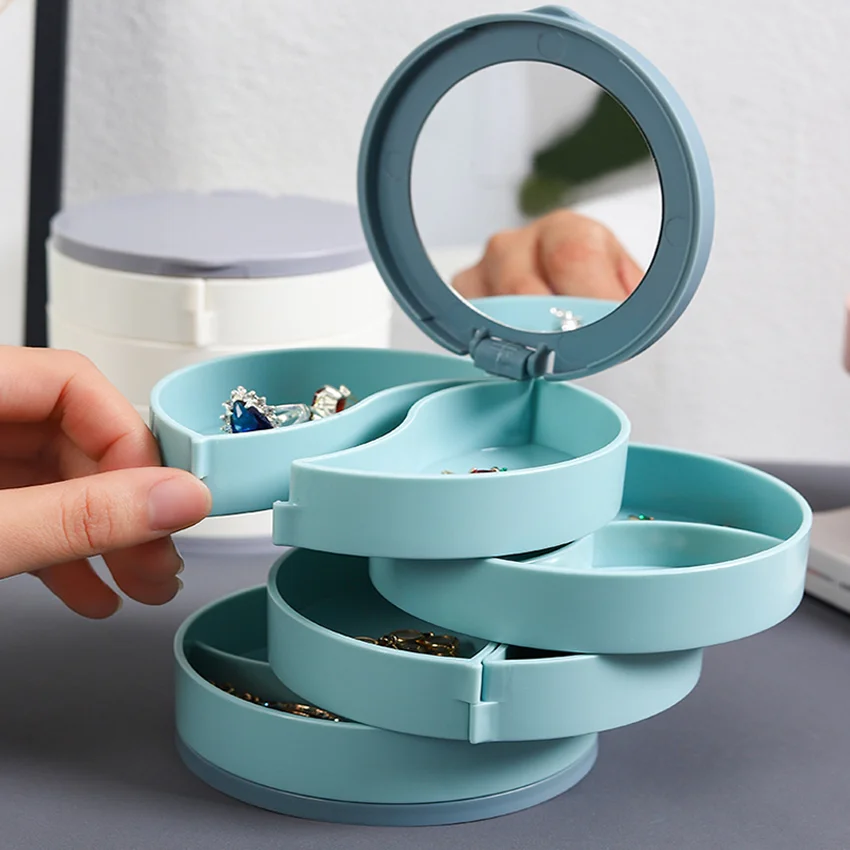 hot sale Rotating Jewelry Storage Box Cosmetics Organizer with Mirror Earring Ring Jewelry Casket