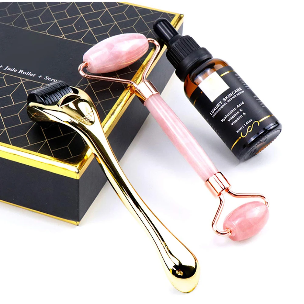 Micro Needles 0.5 mm Derma Roller Microneedling Kit For Skin Care Set Rose Quartz Jade Roller & Serum