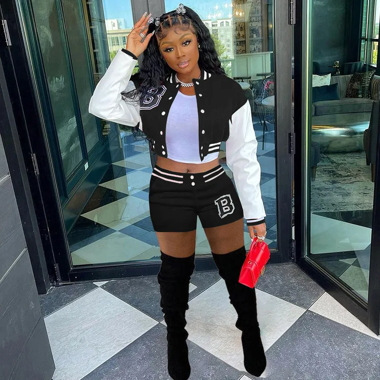 JY043 2022 spring female 2 piece short set letter baseball jacket tracking suit women clothing set