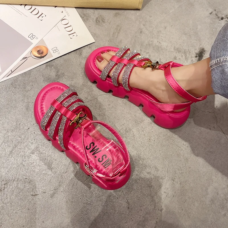 
Hot sales new models platform ankle strap with water drill colorful party wedding slides sandals dress shoes woman 