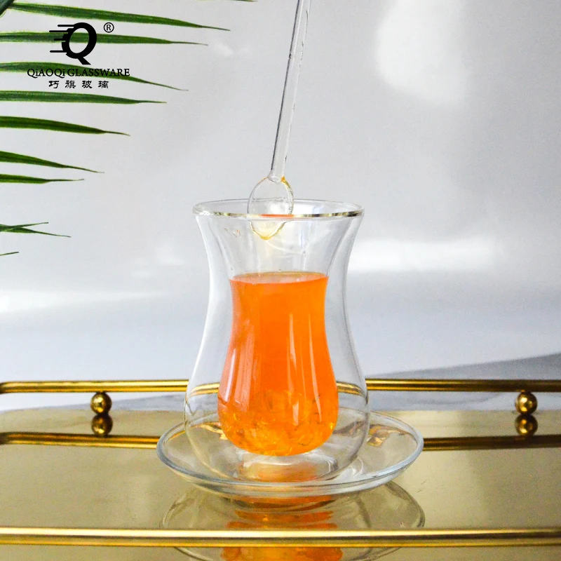 Wholesale Handmade double-layer glass Turkish black tea cup home coffee cup set glass spoon stirring tea cup
