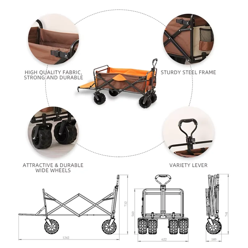 Large Capacity Volume Trolley With Tank Wheel Double Brakes And Bearing 2 In 1 Beach Wagon Folding Camping Cart