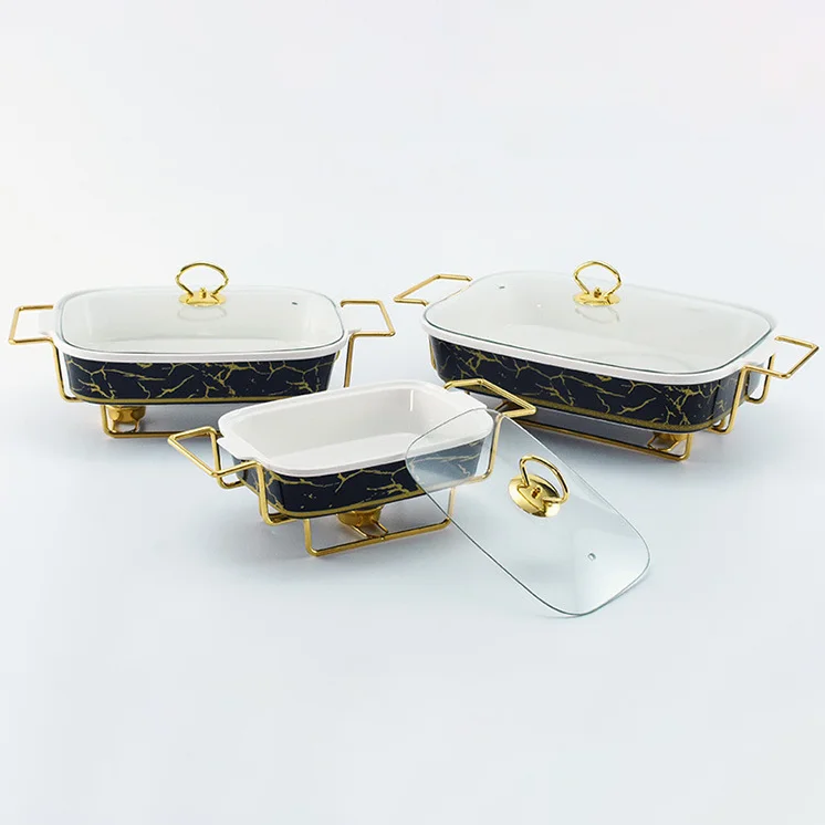 Decal marble luxury restaurant home used cookware hot pot serving dish ceramic casserole food warmer with metal rack