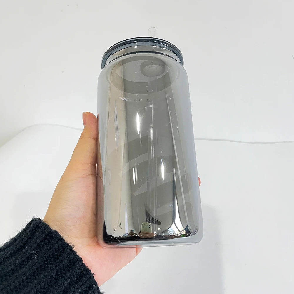 Reusable BPA Free Mens Borosilicate metal mirror black plated 16oz glass can with  plastic lids for UV DTF wraps and vinyl