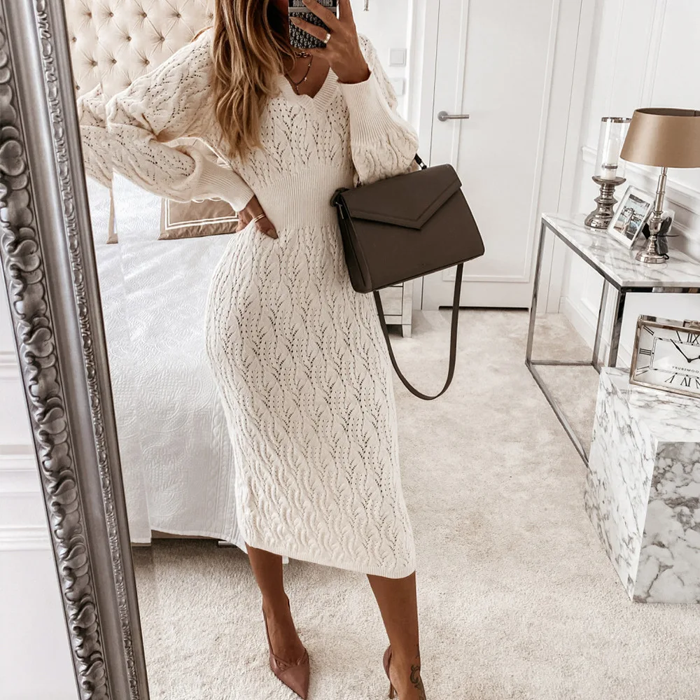 2021 New Fall Sexy Crocheted Knitting Sweater Dress Women Clothing